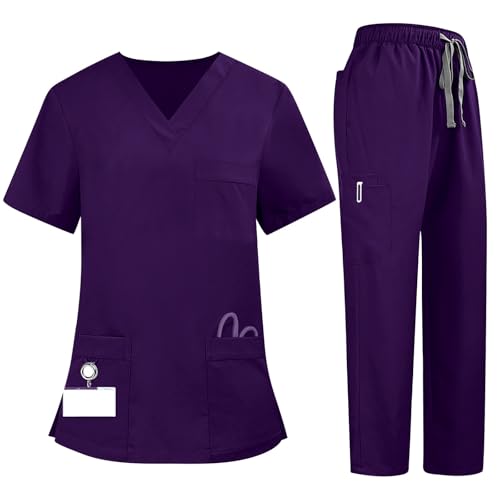 BTLYUIOAPE Women's Quick Drying V-Neck Scrub Tops & Stretch Cargo Pants Set